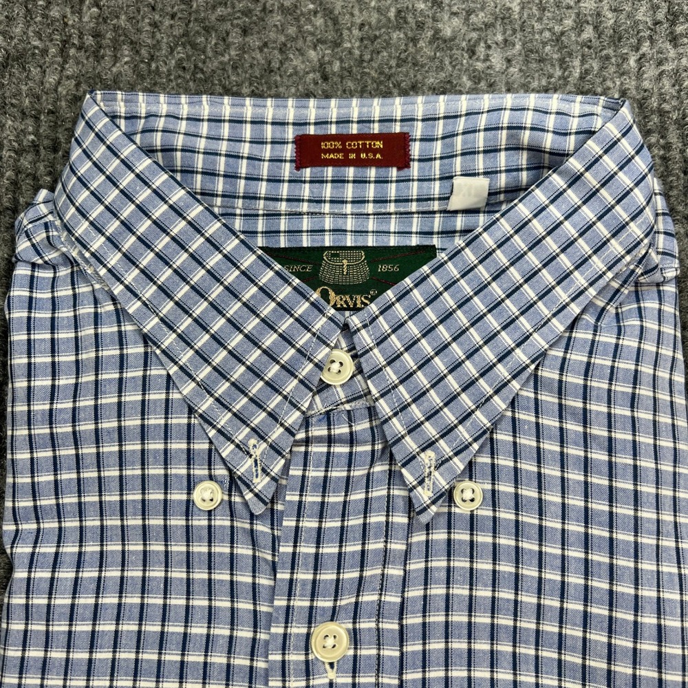 Vtg Orvis Button Down Shirt XL Blue Plaid USA Made Long Sleeve Cotton Men 80/90s